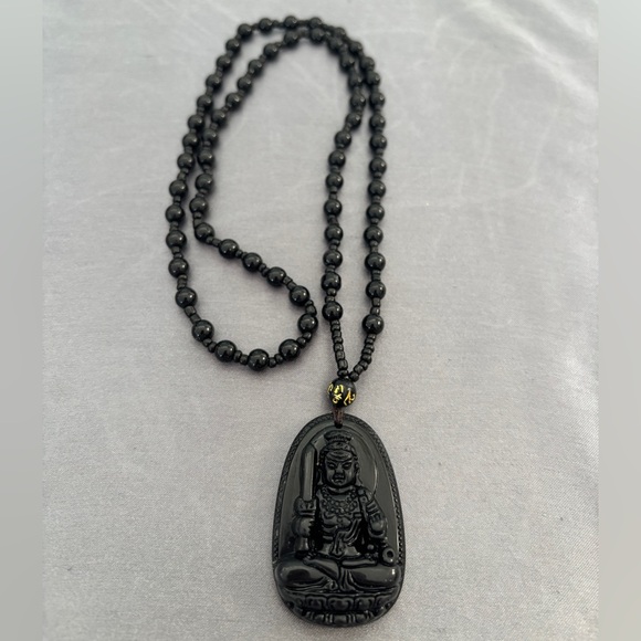 Black Jade Buddha Pendant Necklace EYE CANDY LOS ANGELES 24” Like New - Picture 6 of 6